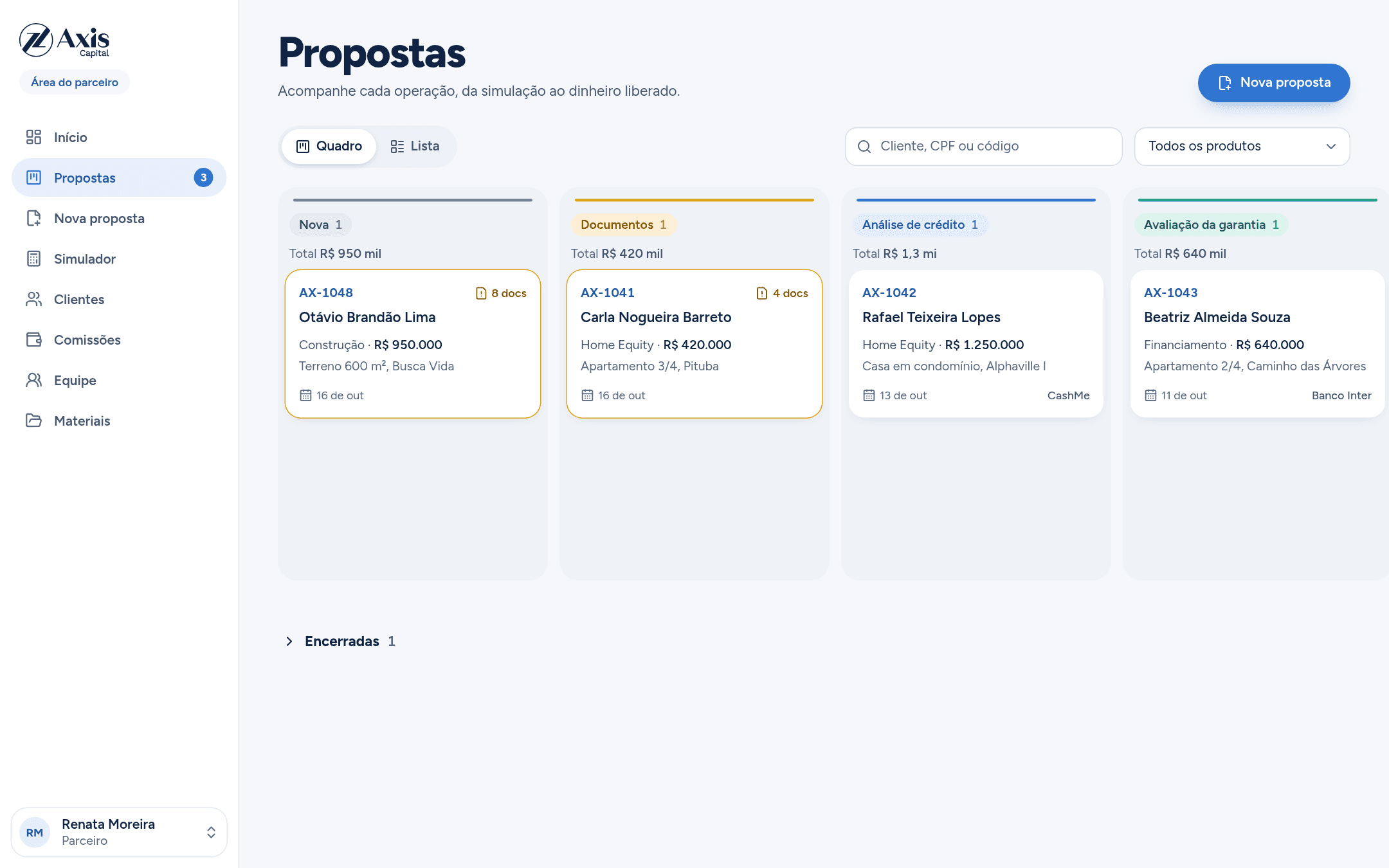 Tela de propostas do portal do parceiro da Axis